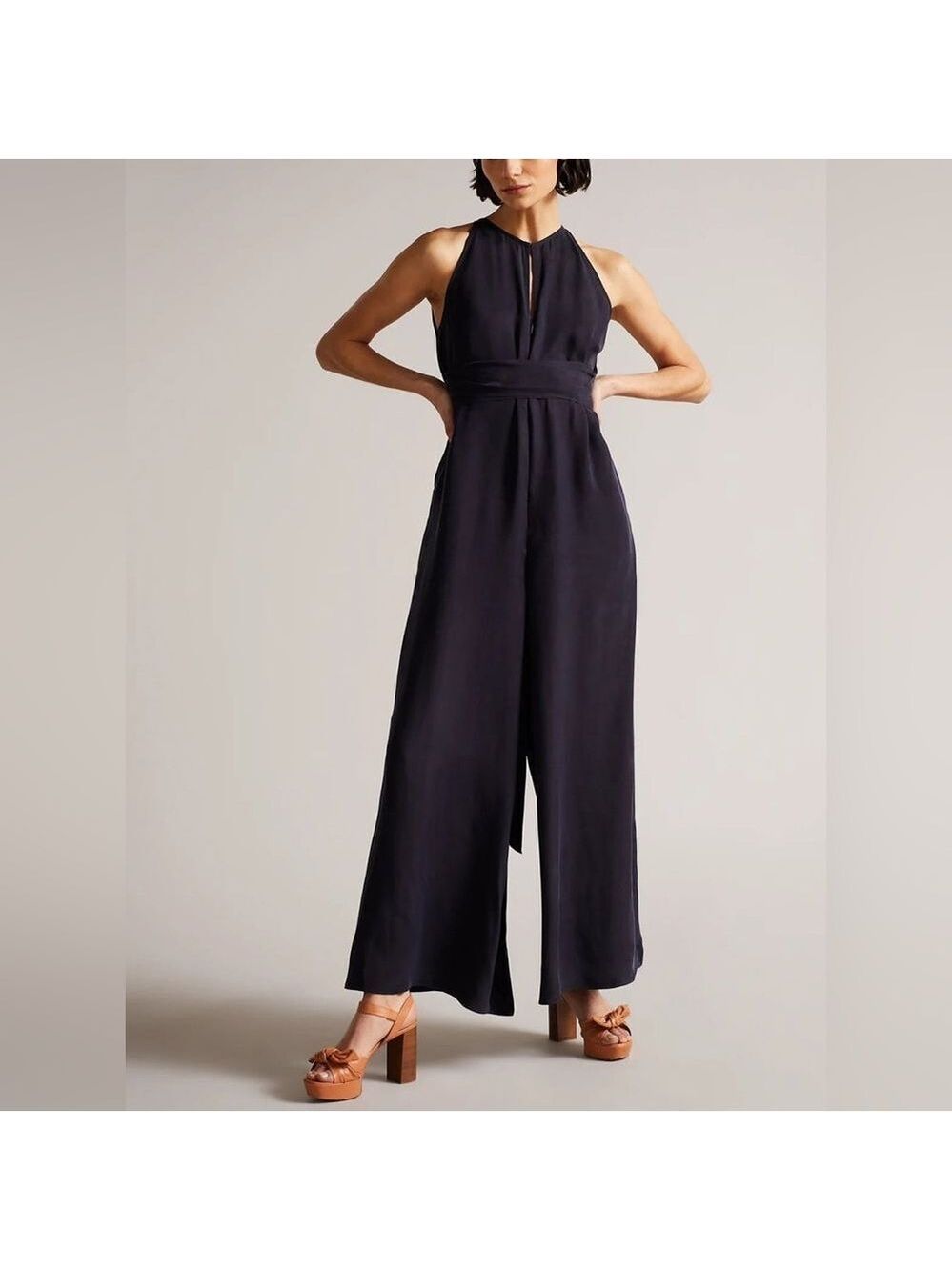 Ted Baker Delvina Halterneck Wide Leg Flowy Wrap Tie Jumpsuit Pocket Dark Navy 4